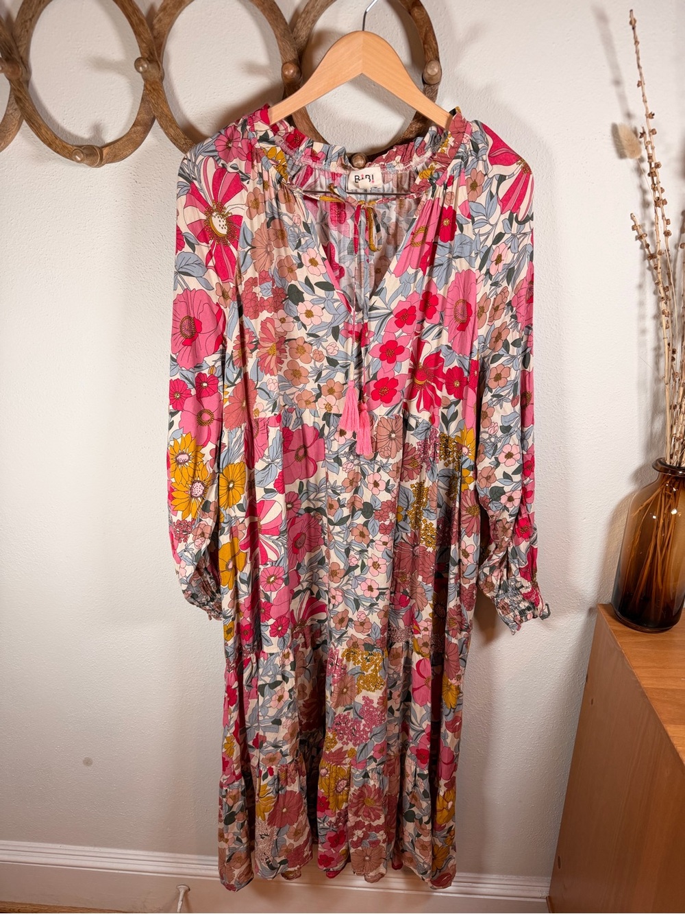BiBi XL Floral Boho Tiered Maxi Dress Rayon Balloon Sleeve